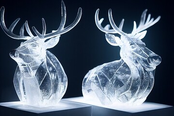 Frozen ice sculpture of Santa's Reindeer on pedestals