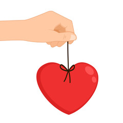 Obraz premium Valentine Day illustration on white color background. Sharing woman hand give red shape heart with word love. Flat style romantic design of love heart for Valentine greeting card.