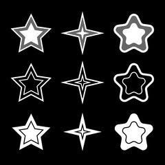 White stars isolated on black background. Beautiful different elements of decor with transparency, contour. Festive decoration. Flat vector illustration
