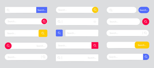 Search bar for UI UX design, app and web site. Www search boxes template. Searching panel. Search Address and navigation bar. Collection of search engine form browser templates for websites