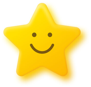 Yellow smiling star isolated on transparent background. Positive shiny 3d golden star icon. Cute cartoon star sticker. 