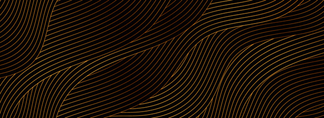 Black abstract background with golden wavy pattern. Art deco ornament vector banner design