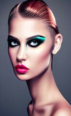 Portrait of a beautiful girl with creative makeup and hairstyle. Illustration. Created with the help of artificial intelligence.