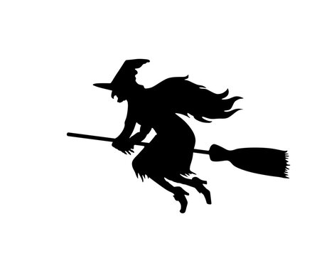 Witch rides a broomstick in flight vector silhouette illustration isolated on white. Halloween, bogeyman. Walpurgis night. Black magic lady. Horror and horrible nightmare. Night legend and fairy tale.