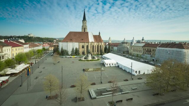 Morning Zoom in Timelapse of Medieval St. Michael's Church and Union Square in Cluj-Napoca, Transylvania