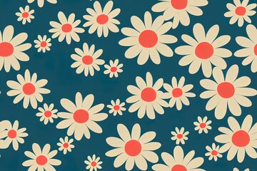 Colorful Floral 2d illustrated Seamless Pattern. Retro 70s Style Nostalgic Fashion Textile Bold Background. Summer Resort Print. Daisies. Flower Power