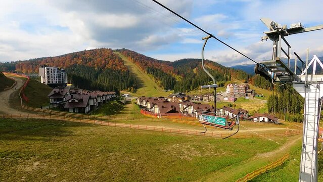 lift to the cottage houses in autumn in the Carpathian mountains