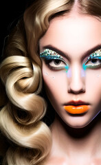 Portrait of a girl with creative makeup and hairstyle. Illustration. Created with the help of artificial intelligence
