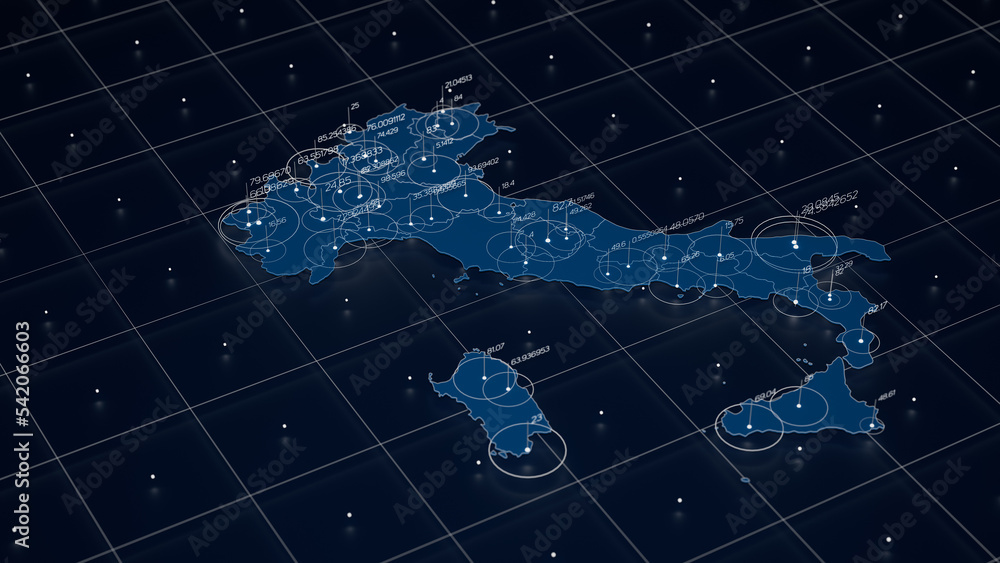 Poster italy blue map big data visualization. futuristic map infographic. information aesthetics. visual da