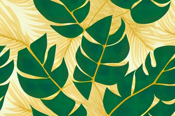 Luxury gold nature background 2d illustrated. Floral pattern, Golden split leaf Philodendron plant with monstera plant line arts, 2d illustrated illustration.