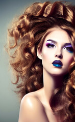 Fototapeta premium Portrait of a beautiful girl with creative makeup and hairstyle. Illustration. Created with the help of artificial intelligence.