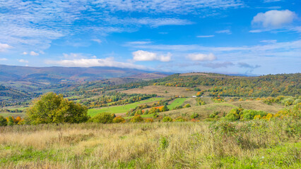 Fototapeta premium Autumn landscape backgroun in the sunny weather with clouds