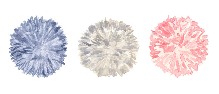 Realistic set of 3  Pom Poms.  Blue, grey-beige and pink hairy balls pompons. Hand drawn watercolor illustration isolated on transparent.