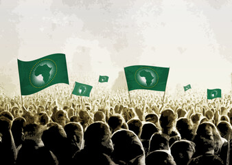 Crowd with the flags of African Union, people cheering national team of African Union. Ai generated illustration of crowd.