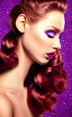 Obraz premium Portrait of a beautiful girl with creative makeup and hairstyle. Illustration. Created with the help of artificial intelligence.