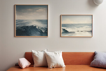 Two picture of oceanwaves in frames with a bench and pillows in the foreground