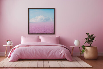 A room with a bed with pink linen and a picture on the wall