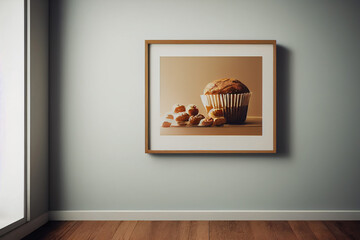 Room with a framed picture with muffin on it on the wall