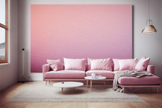 Liviungroom with a huge pink picture on the wall and a pink couch