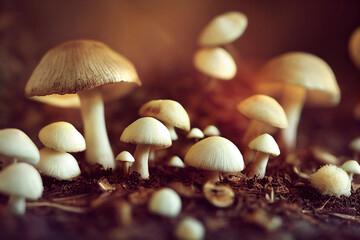 White mushrooms on the ground of a forest