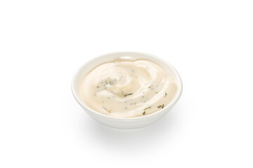 Mayonnaise, mayo, white cream sauce in a white little bowl, gravy boat isolated on white background with clipping path, cut out.