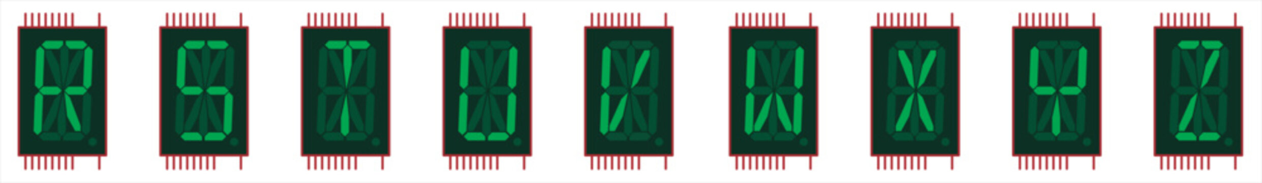Vector image of a single-digit sixteen-segment
liquid crystal indicator chip in green color.
Displaying capital letters of the english alphabet from R to Z on
the indicator screen.