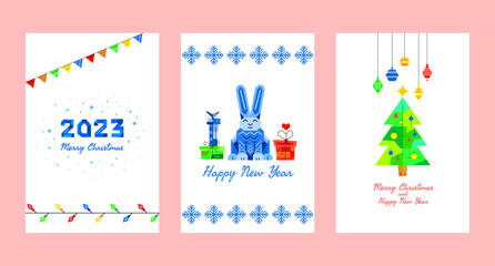 A set of Christmas and Happy New Year cards. Vector illustration, invitations and greetings for the winter holiday in a flat, abstract, geometric style. Hare, garlands and Christmas tree