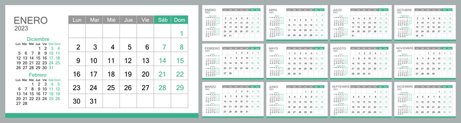 Calendar for 2023 in Spanish, templates for 12 months. The week starts on Monday.