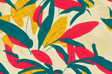 Seamless pattern of a tropical artwork, with multicolored hand drawn palm leaves and funny background with animal pattern details. tropical pattern perfect for fashion and decoration