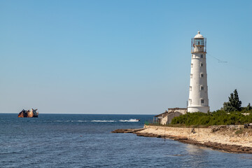 Lighthouse on Cape Tarkhankut in Crimea on a sunny day.