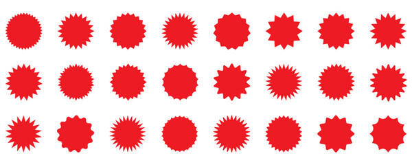 Set of vector red starburst, sunburst badges. Simple flat style vintage labels, stickers.