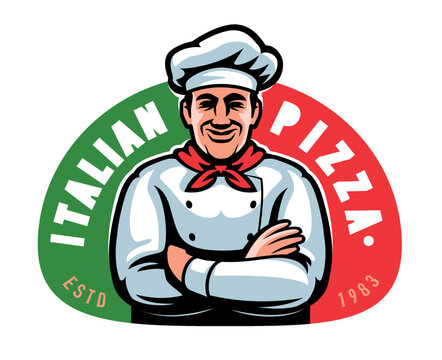 PIZZA logo. Chef, Italian food badge, label. Emblem for restaurant menu design or signboard. Cartoon vector illustration