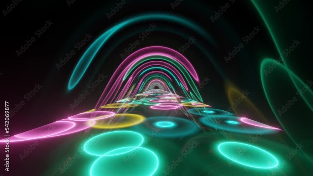 Aufkleber futuristic tunnel with reflections of shiny neon circles on a black background. dynamic multicolor r