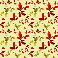 Pattern of branches and herbs on a yellowish background. Watercolor.