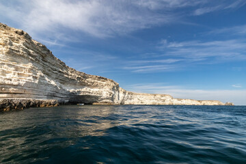 Cape Tarkhankut Crimea Russia. Rocky seashore on a sunny day.
