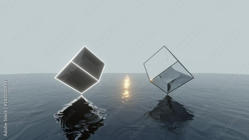 Aufkleber black and white mirror cubes with neon glowing edges floating on a dark water surface. abstract 3d a