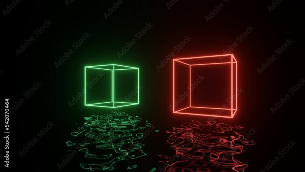 Poster neon glowing cubes moving in dark space with reflections on the liquid floor. seamless loop abstract