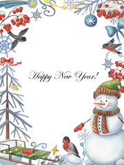 Christmas cute frame with watercolor hand-drawn traditional elements - smiling cartoon snowman, christmas tree, birds, berries and snowballs. Illustration for greeting postcards and invitation.