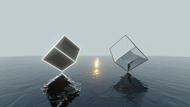 Black and White mirror cubes with neon glowing edges floating on a dark water surface. Abstract 3d animation with simple geometric shape.