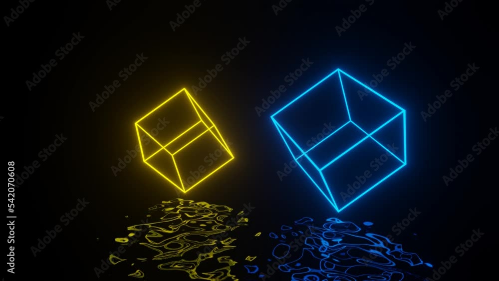 Poster neon glowing cubes moving in dark space with reflections on the liquid floor. seamless loop abstract