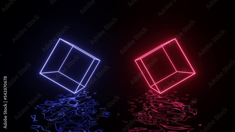 Poster neon glowing cubes moving in dark space with reflections on the liquid floor. seamless loop abstract