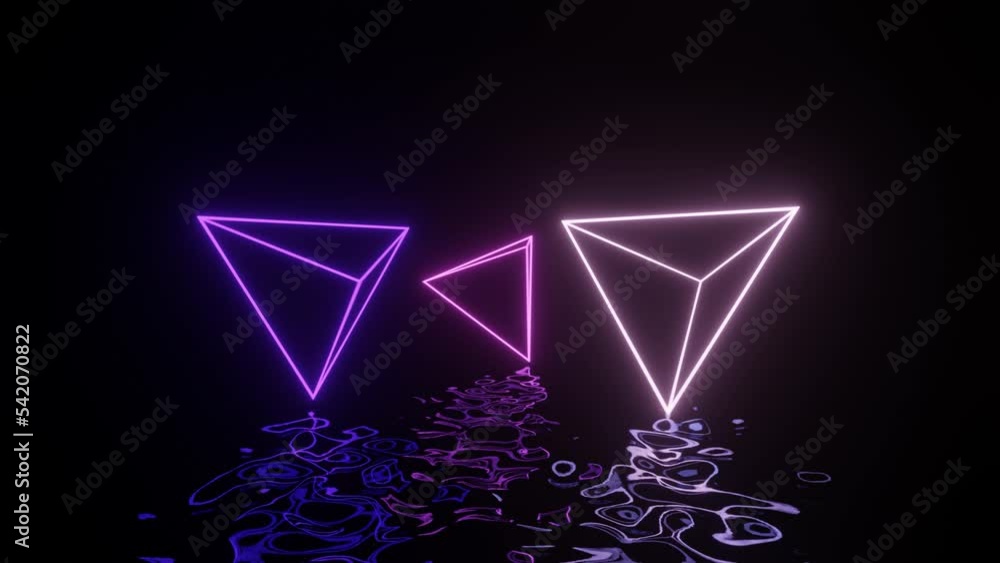 Poster neon glowing pyramids moving in dark space with reflections on the liquid floor. futuristic animatio