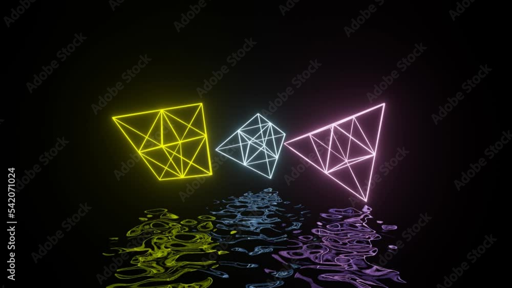 Poster neon glowing pyramids moving in dark space with reflections on the liquid floor. futuristic animatio
