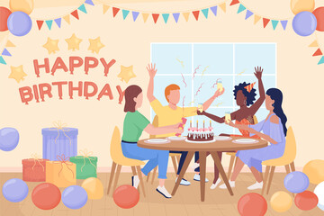 Fototapeta premium Birthday party flat color raster illustration. Young people meeting to greet friend. Home party 2D simple cartoon characters celebrating with decorated room on background. Fredoka One font used