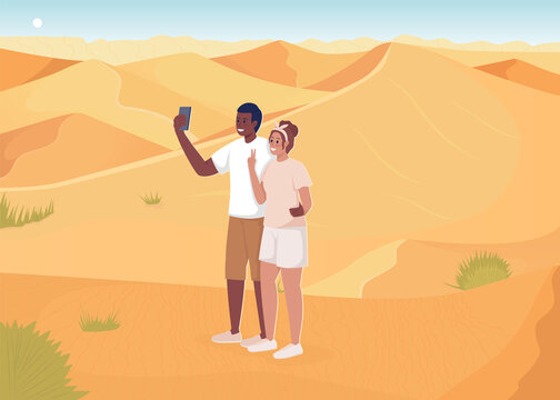 Desert holiday destination flat color raster illustration. Warm place for vacation. Young man and woman posing for picture 2D simple cartoon characters with sandy landscape on background