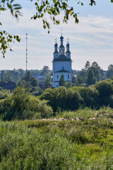 Russia. Town of Totma. View from the Kuskov embankment to the Trinity Church