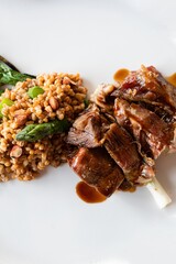 Vertical shot of a meal with meat