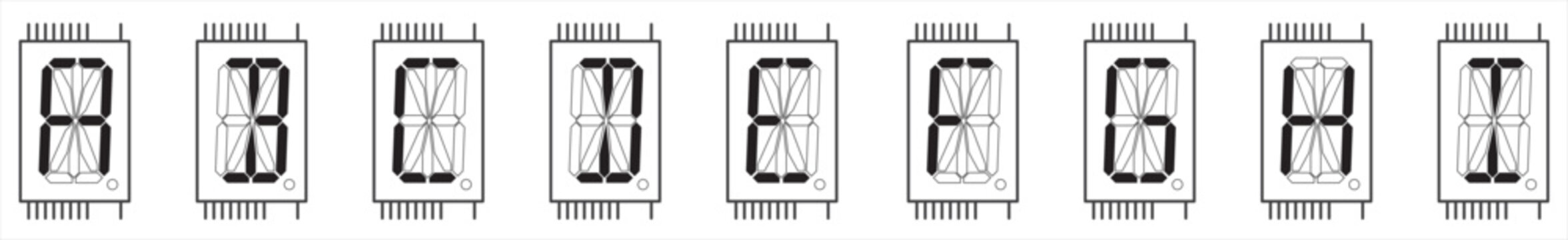 Vector image of a single-digit sixteen-segment
liquid crystal indicator chip in black and white color.
Displaying capital letters of the english alphabet from A to I on
the indicator screen.