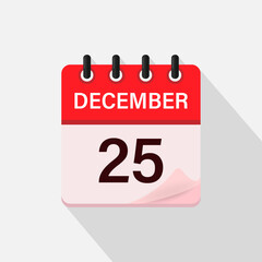 December 25, Calendar icon with shadow. Day, month. Flat vector illustration.