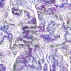 Snowy forest with trees silhouettes, benches in violet tones seamless pattern. Modern doodle seamless pattern. perfect for baby design, fabric, wallpaper, packaging.